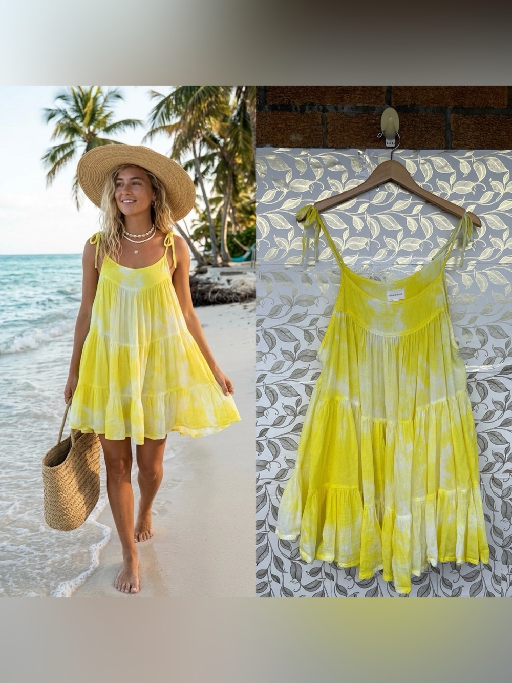 HONORINE Yellow Tie Dye Gauze Tiered Mini Dress XS Sun Dress Beach Bikini Cover